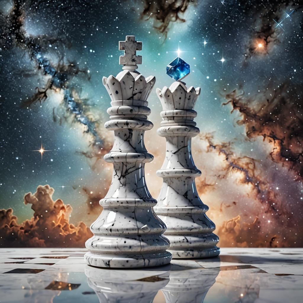 Gemstone Chess Piece in Galactic Sky: Hyperrealistic Image