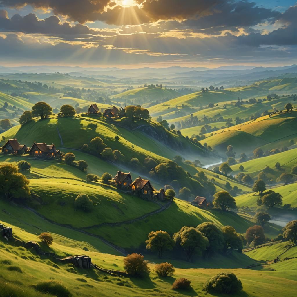 The Shire: A Cozy Hobbit Landscape in Oil