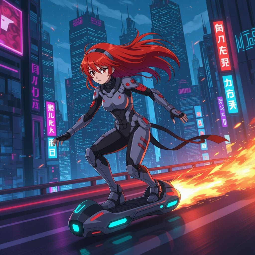 Cyberpunk Anime Girl on Hoverboard in Cityscape