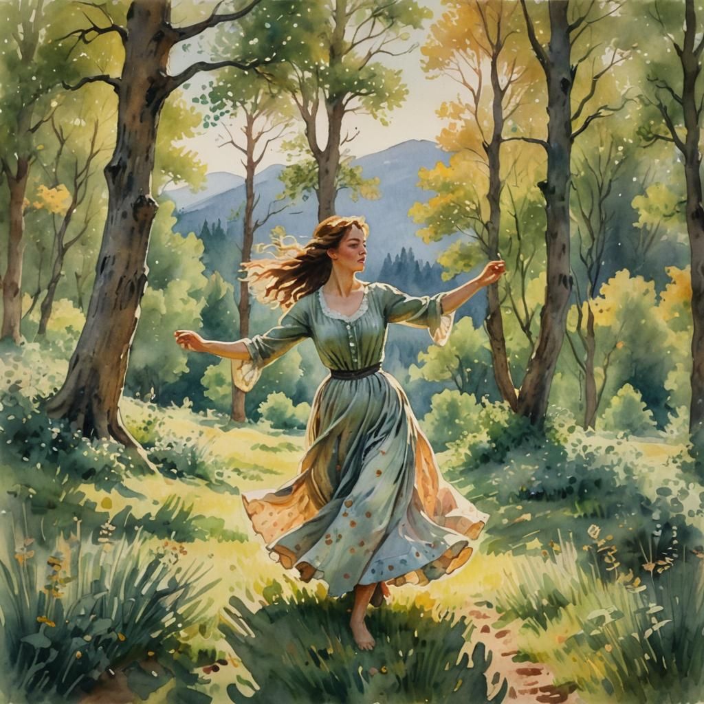 Woman Dancing in Mountain Meadow, Watercolor Painting