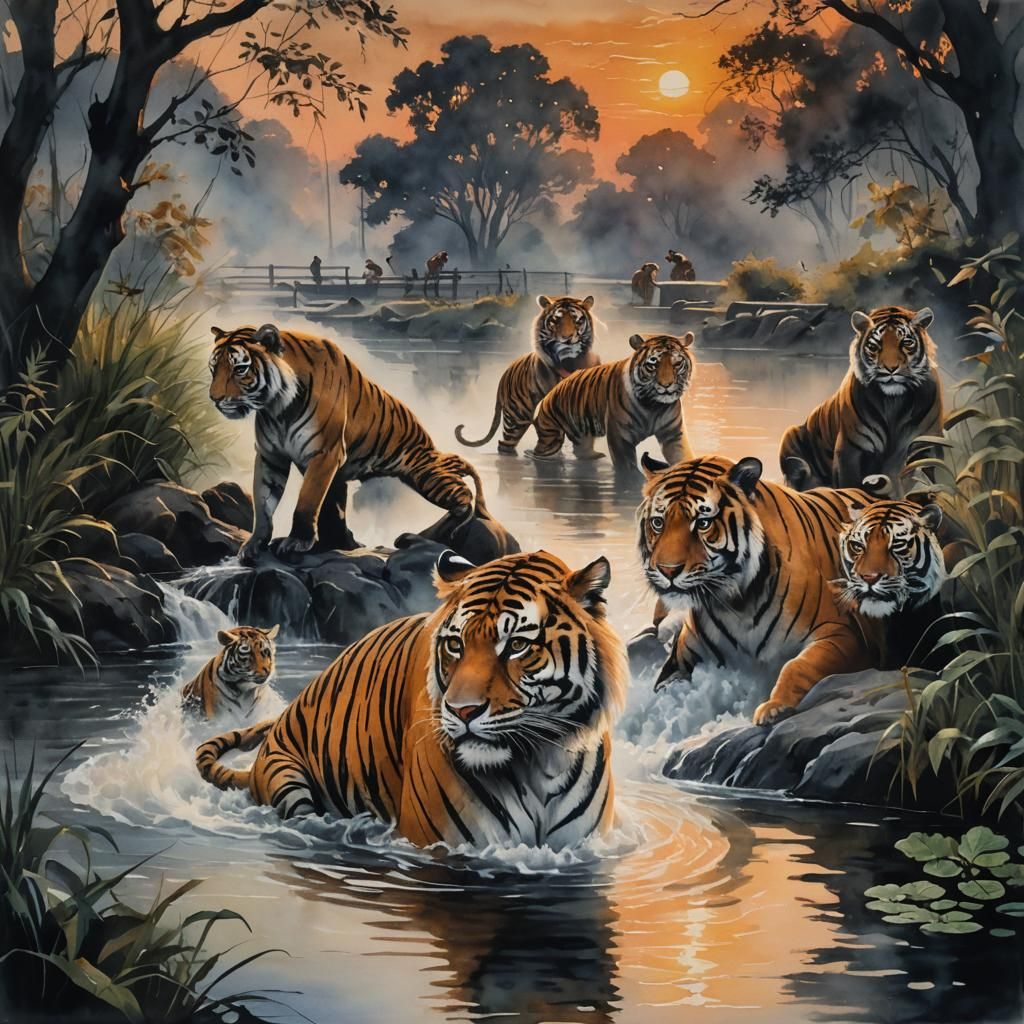 Sunset River Scene with Tigers in Watercolor