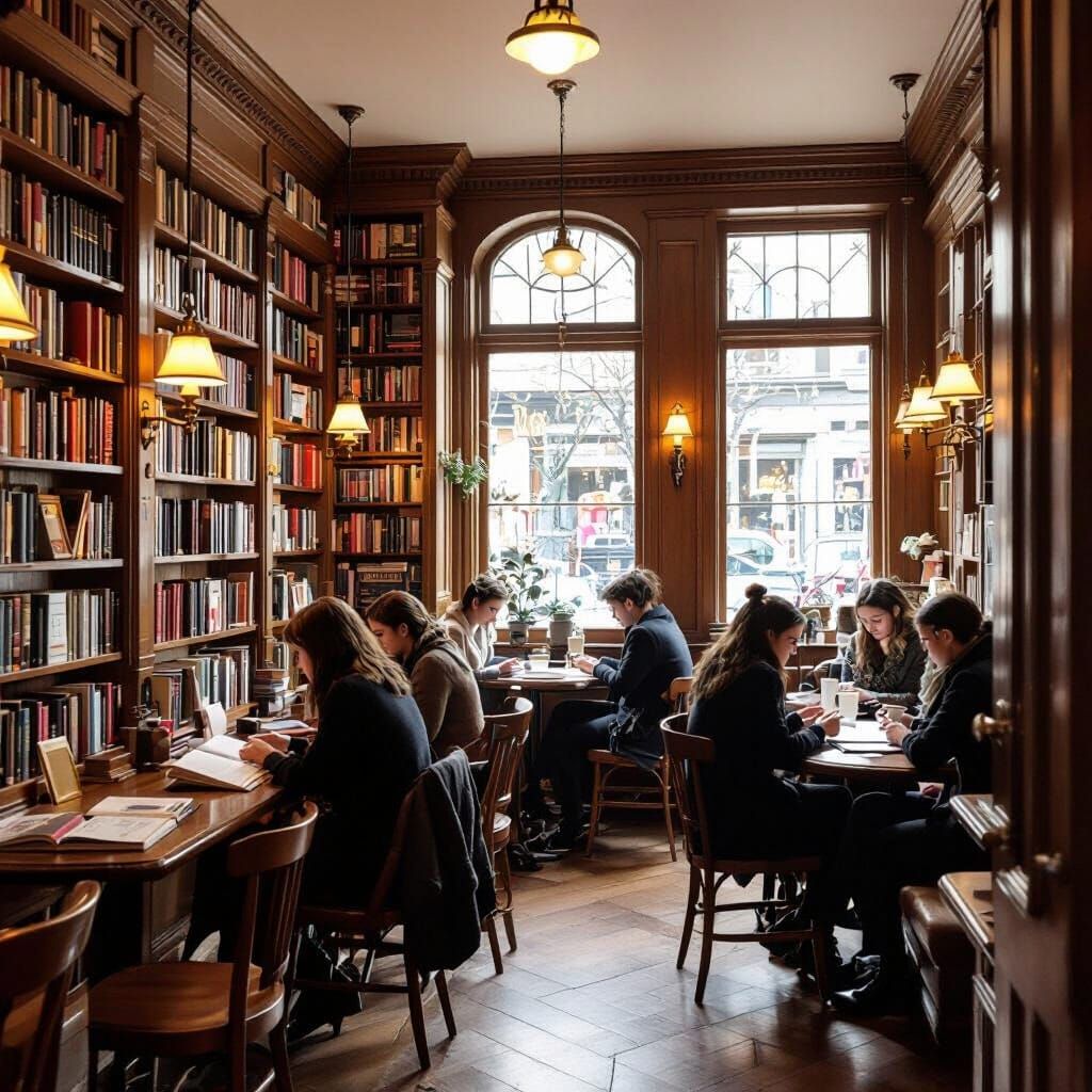 Cozy Library Coffee Shop in Whimsical Style