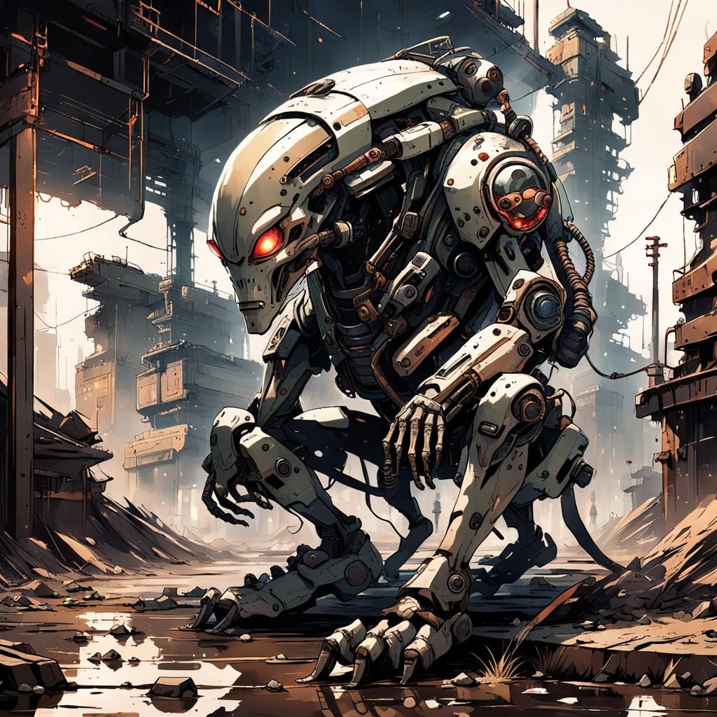 Anime Alien Cyborg in Ruined Sci-Fi Landscape