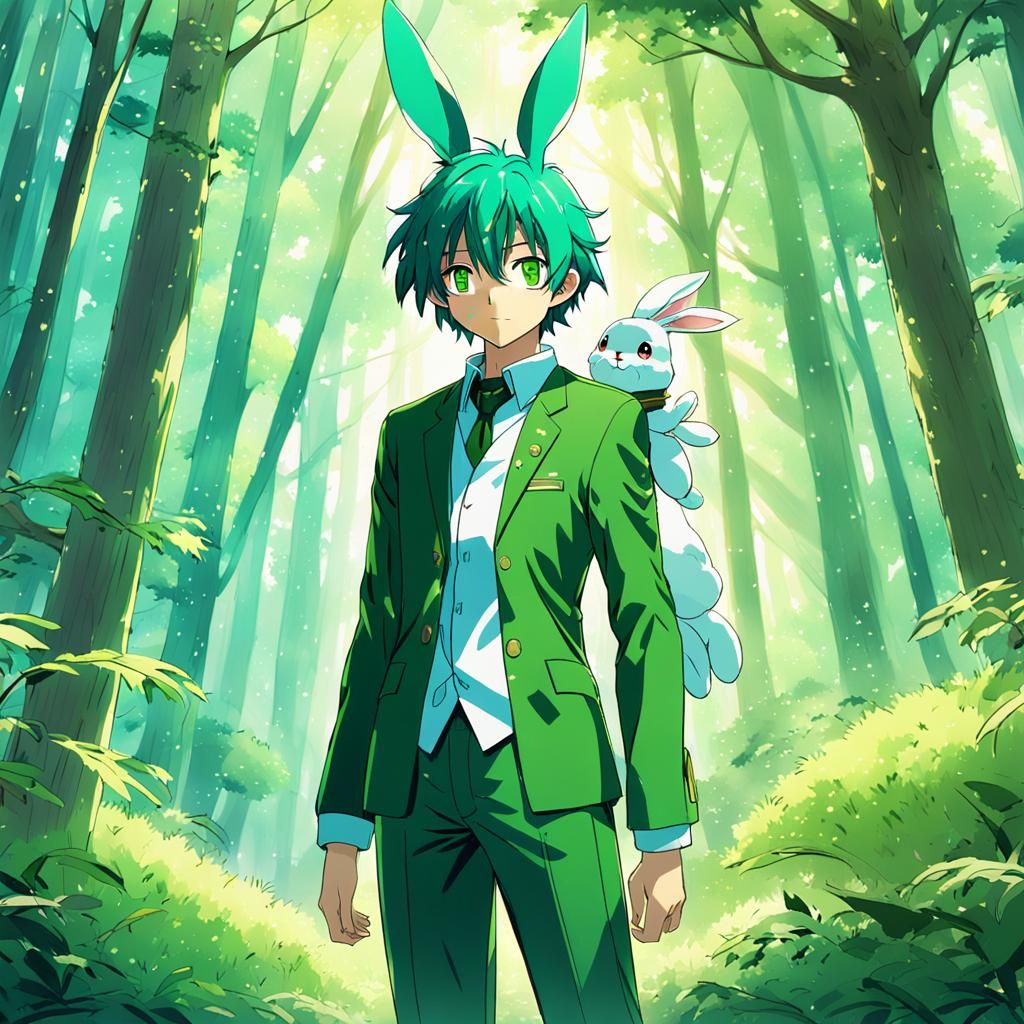 Anime Boy Radiates Serenity in Lush Forest as Hero