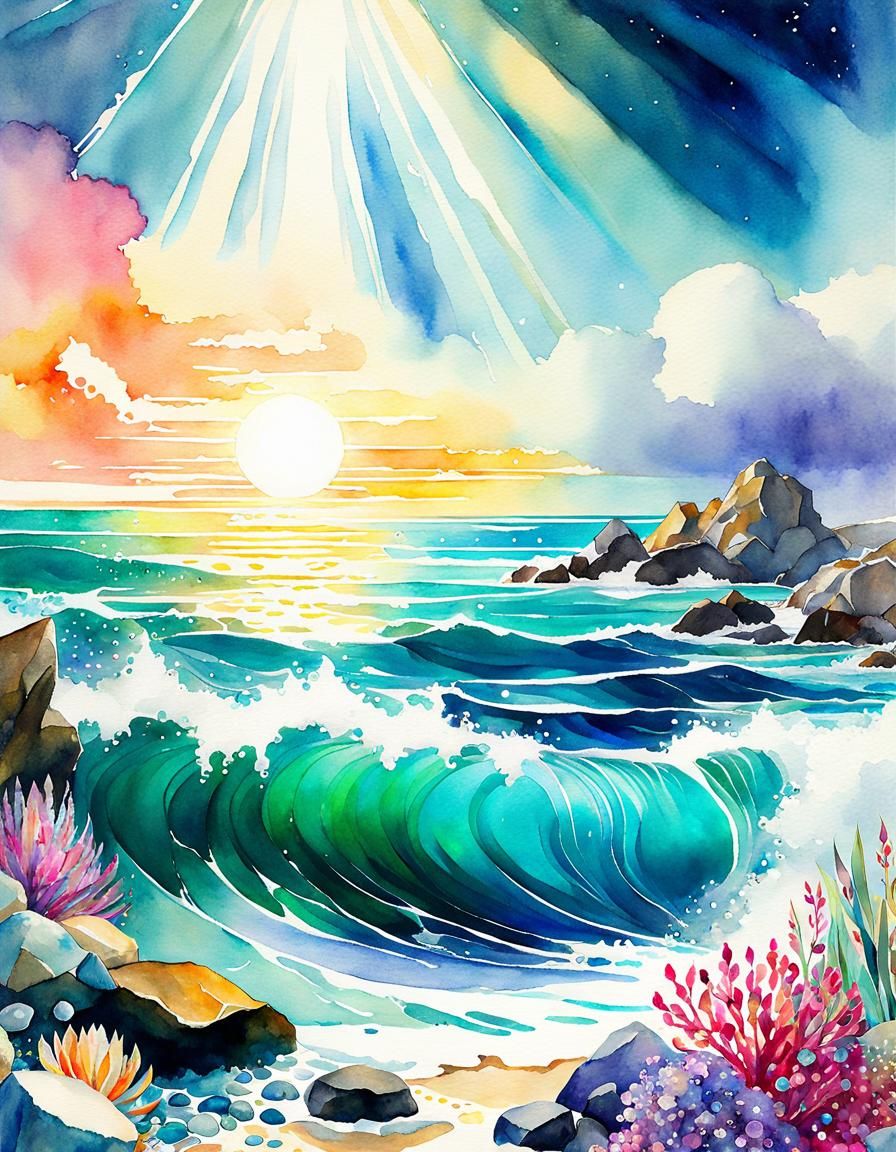 Bejeweled Bohemian Ocean in Watercolor Sketch Style