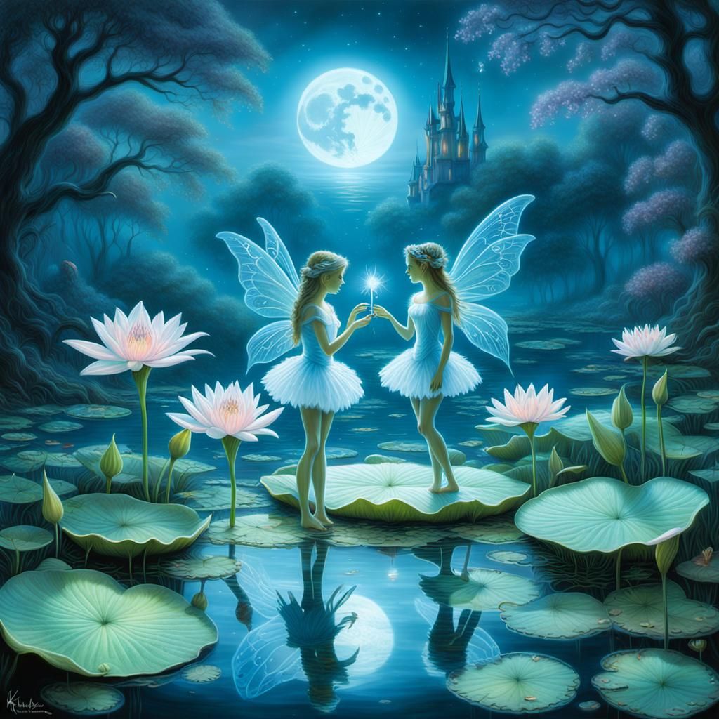 Chemiluminescent Fairies on Lily Pad Under Moonlight