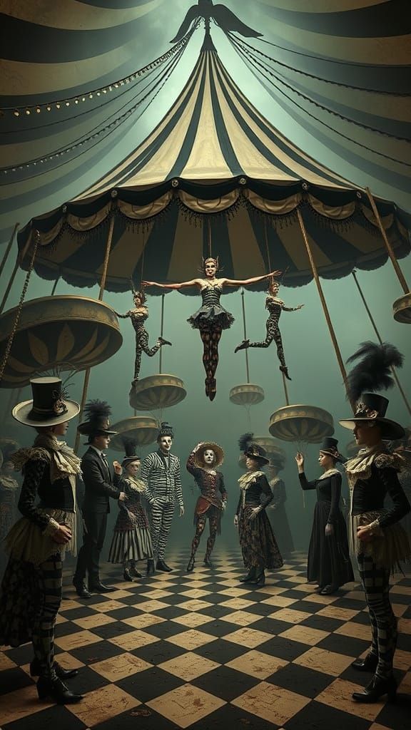 A surreal Victorian circus with performers made of optical i...