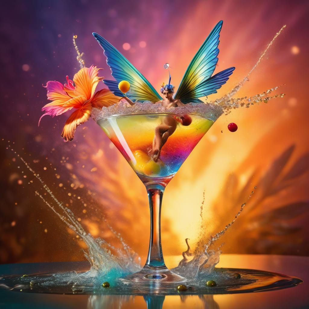 Close-up of a martini cocktail with olive in which swims a p...