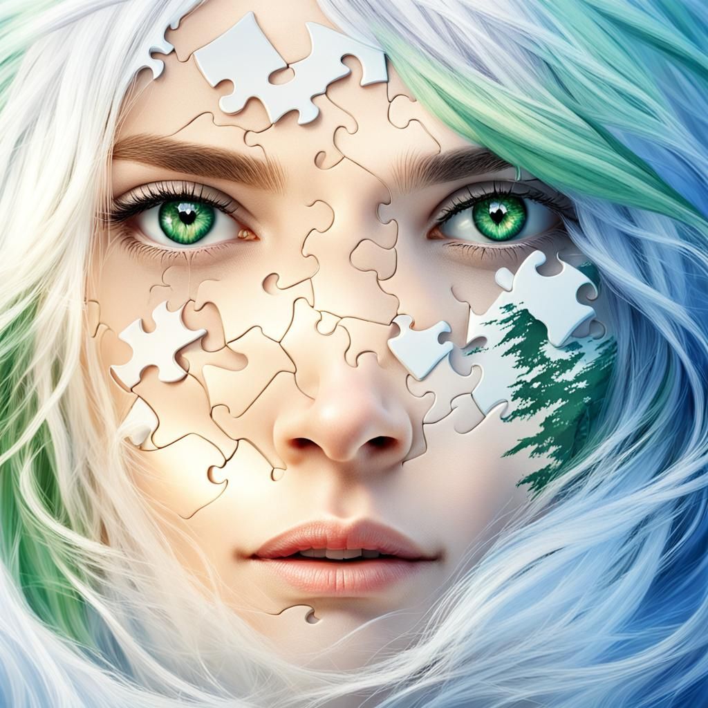 Beautiful Woman with Mountain Face and Green Eyes