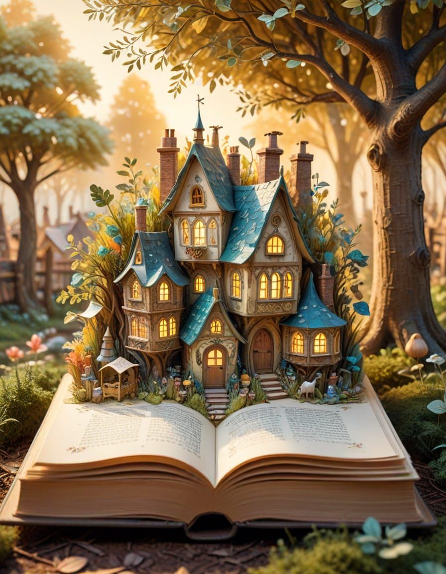 Enchanted Book Village Watercolor Illustration