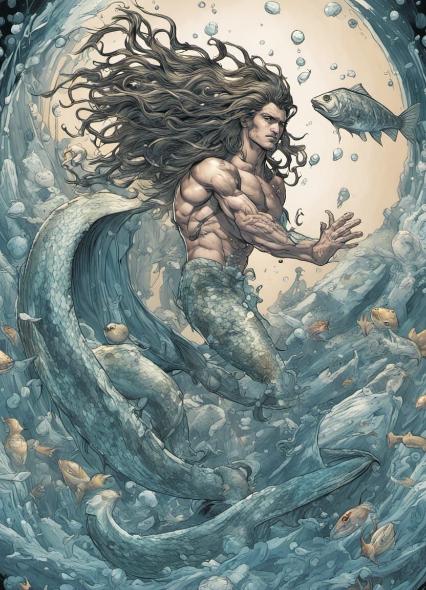Merman and Mermaid Underwater Dance, Comic Book Art