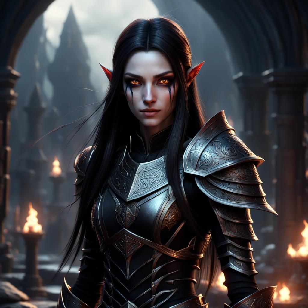 Dark Elf Girl with Glowing Armor in 3D Rendering