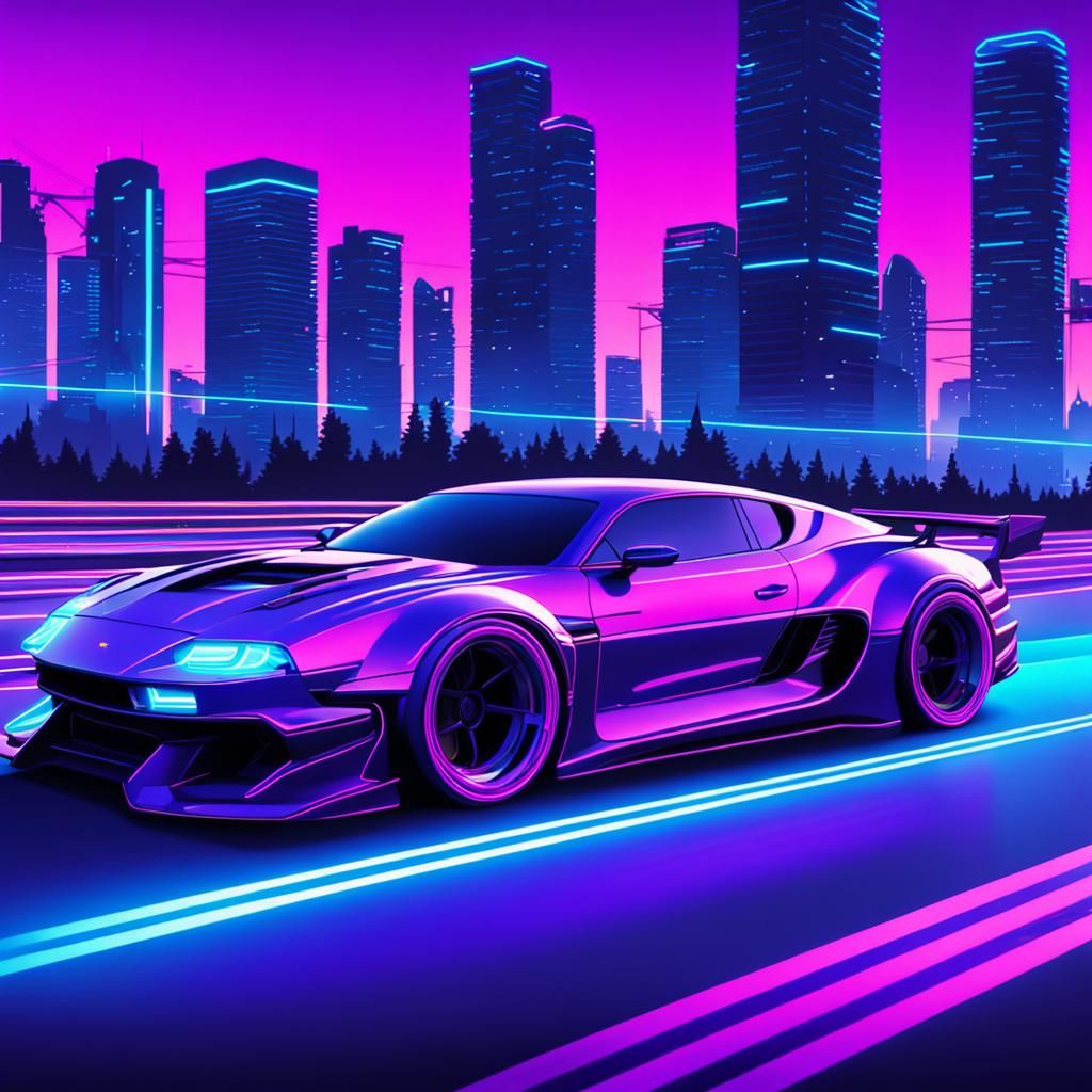 Neon Purple Cars Racing in Synthwave Style