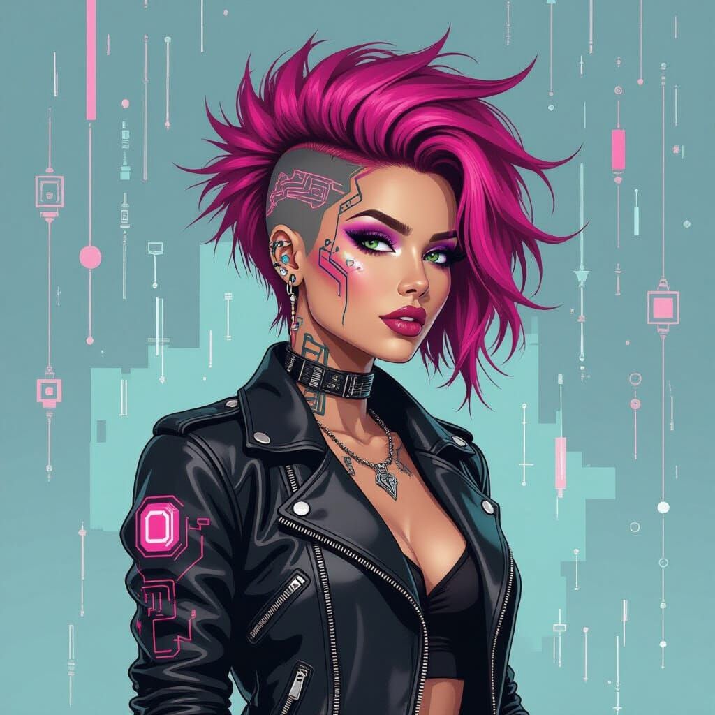Pop Art Woman with Cybernetic Tattoos and Fuchsia Hair