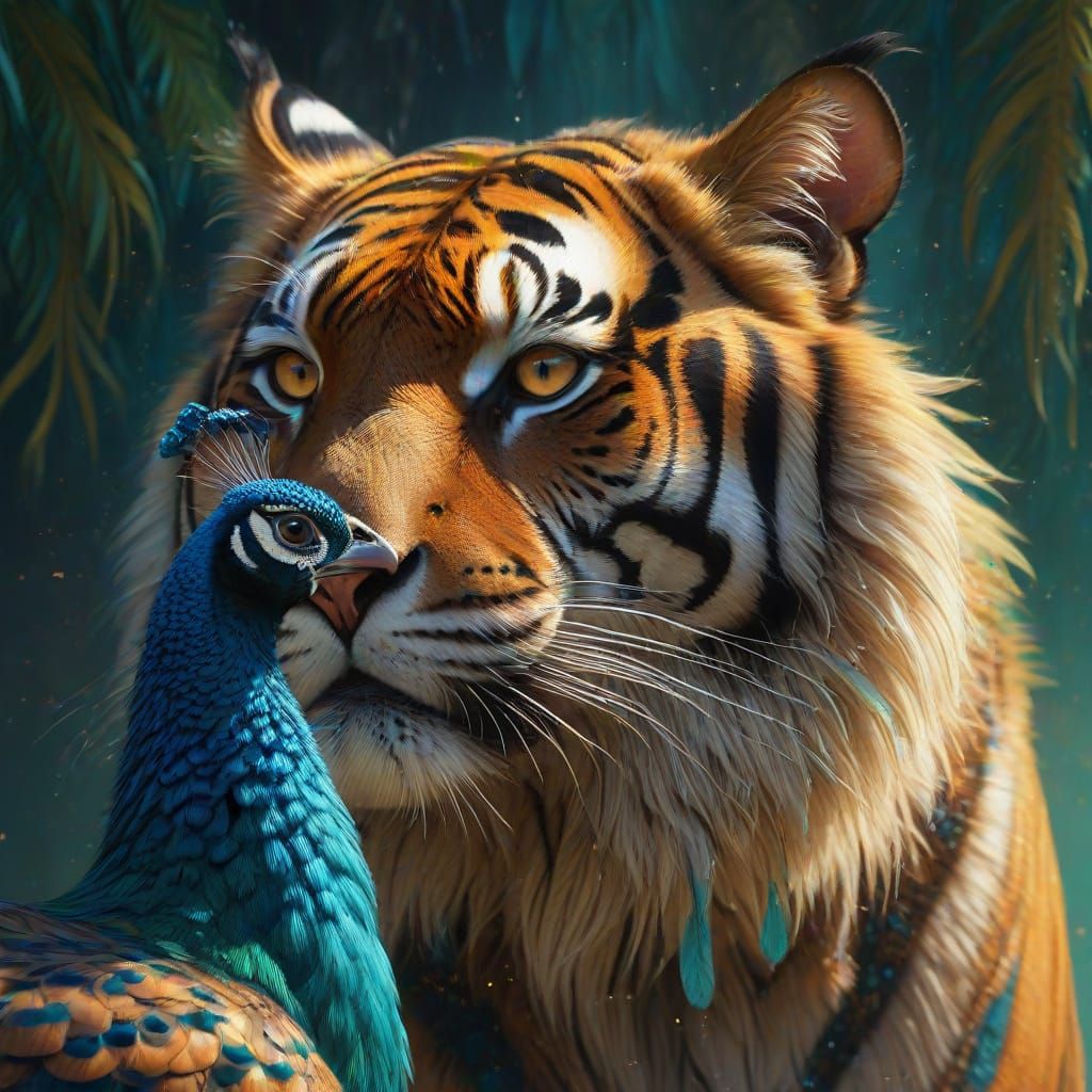 Peacock and Tiger in Vibrant Oil Painting