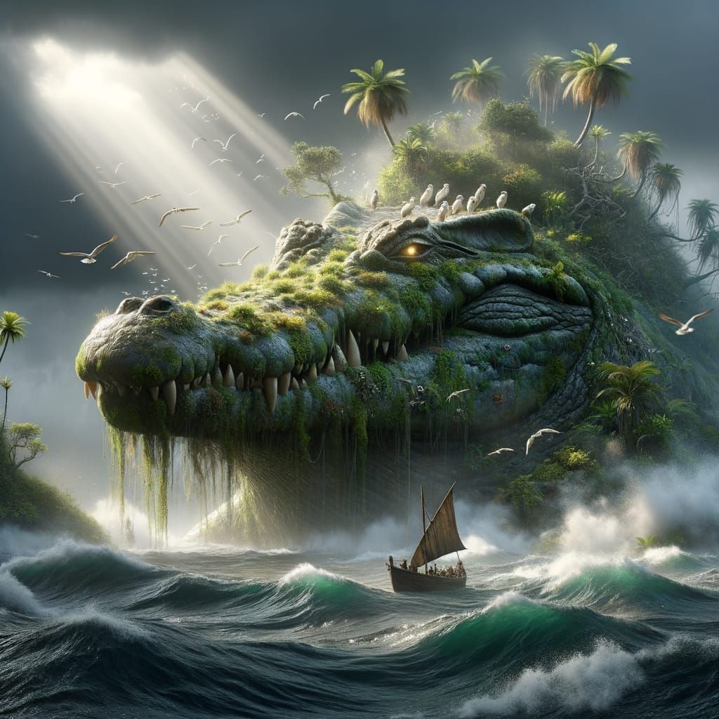 Colossal Ancient Crocodile Island in Stormy Ocean