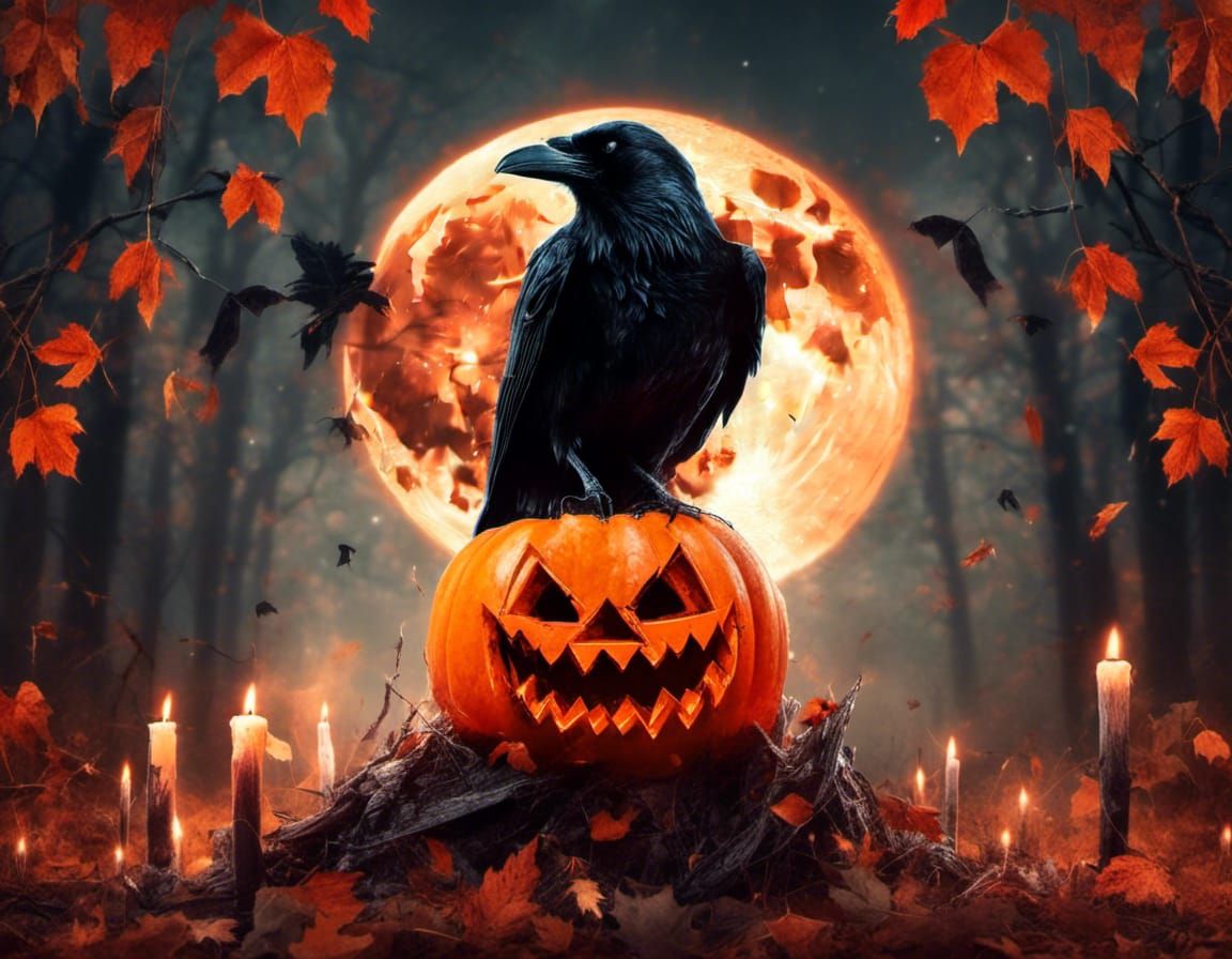 Macabre Jack-O-Lantern with Raven and Autumn Leaves