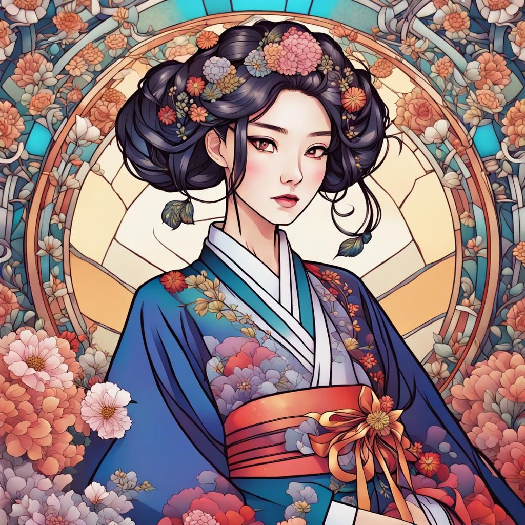 Anime Girl in Hanbok with Art Nouveau Design