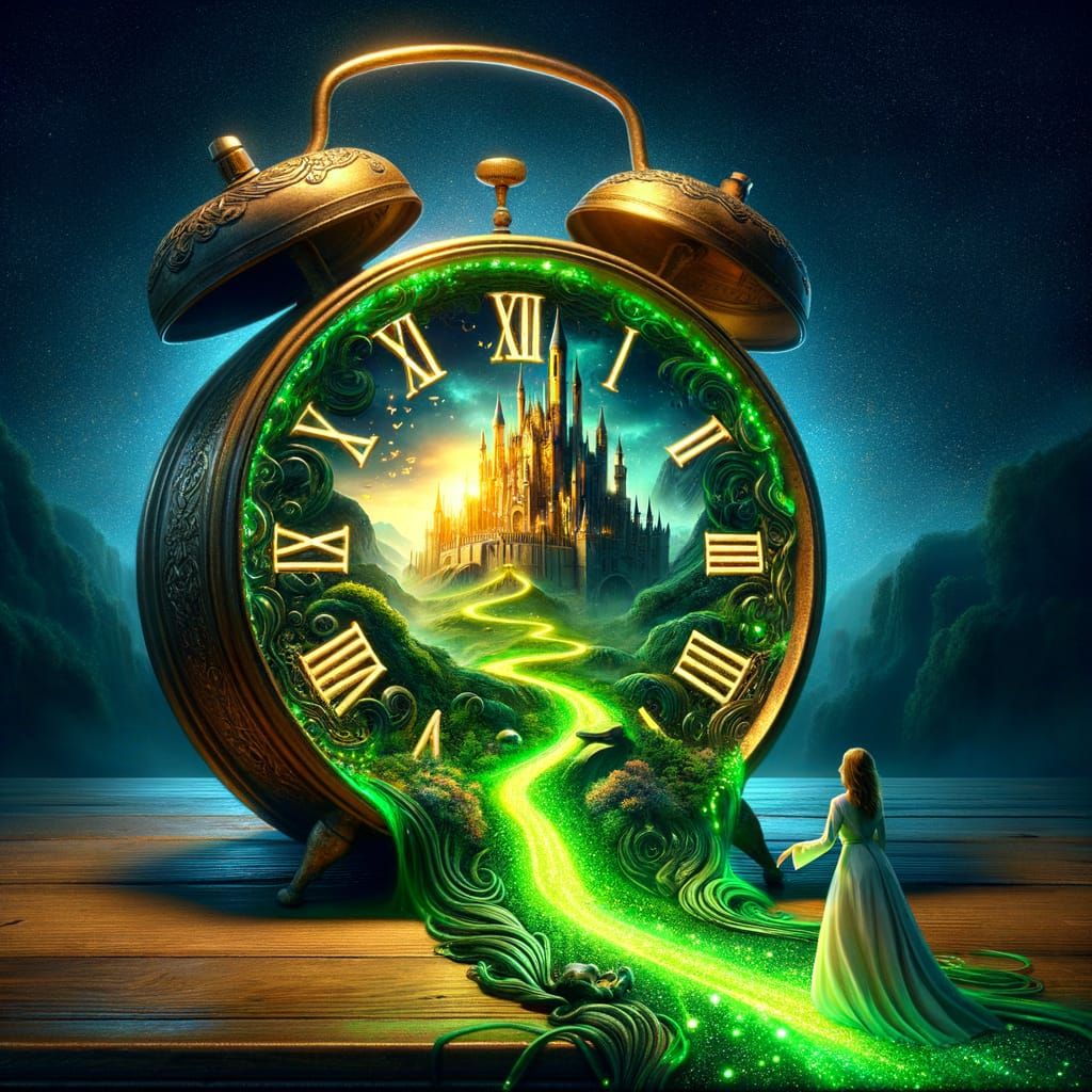 The image depicts a surreal scene where an old-fashioned alarm clock serves as the central object. The face of the clock...