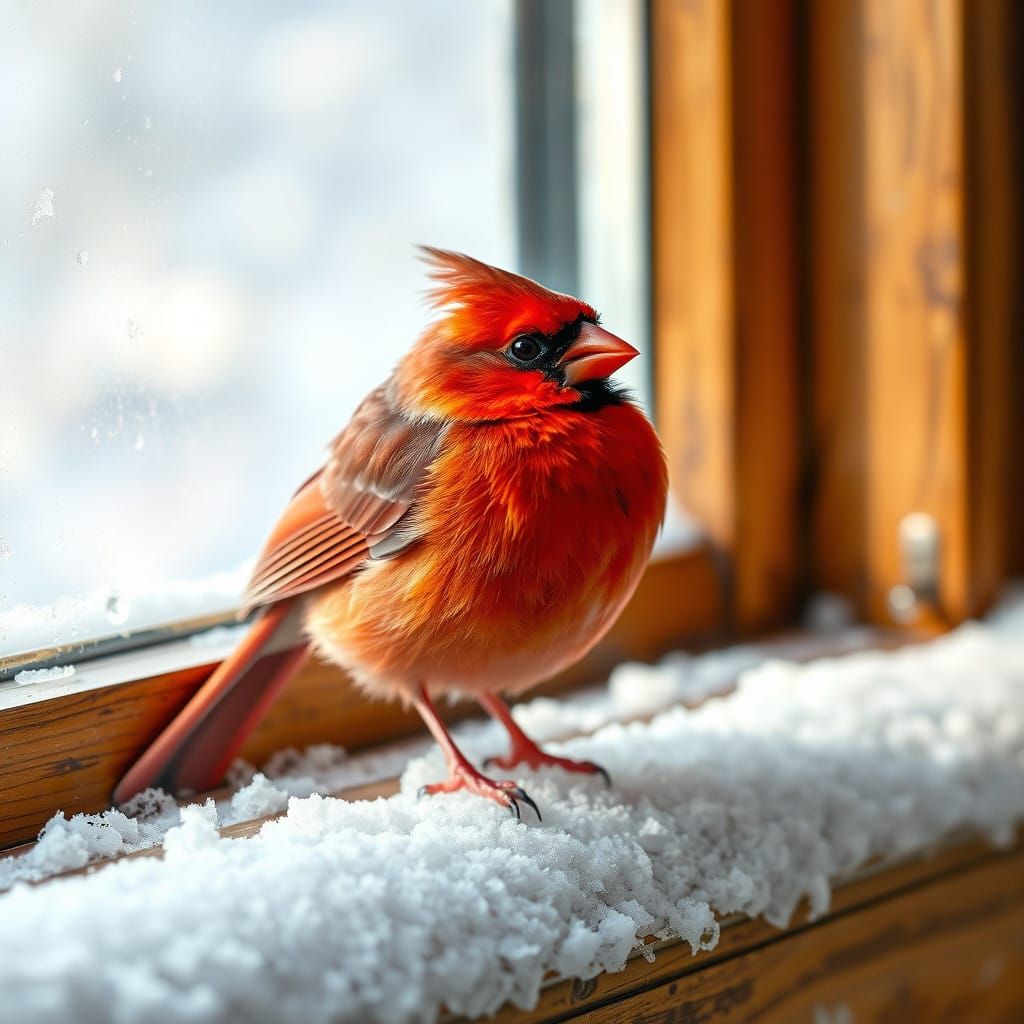 Vibrant Cardinal on Snowy Windowsill in Photorealistic Style