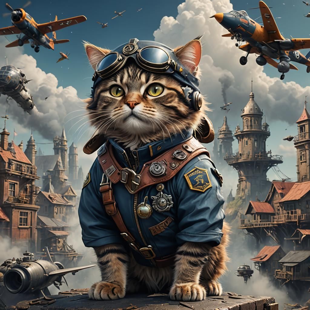 Cat Pilot in Detailed Fantasy Art