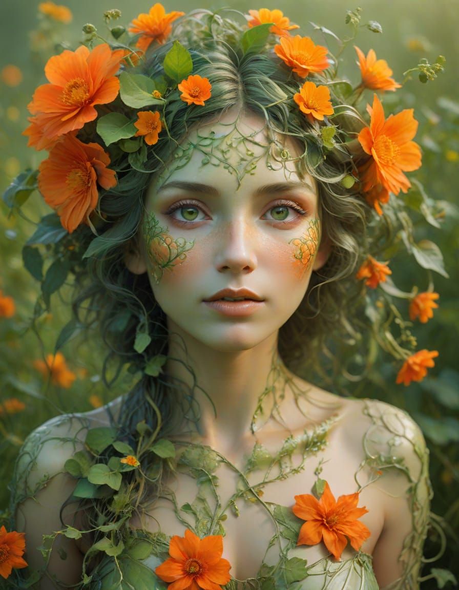 Vibrant Autumn Goddess with Leafy Skin and Vines in Hair