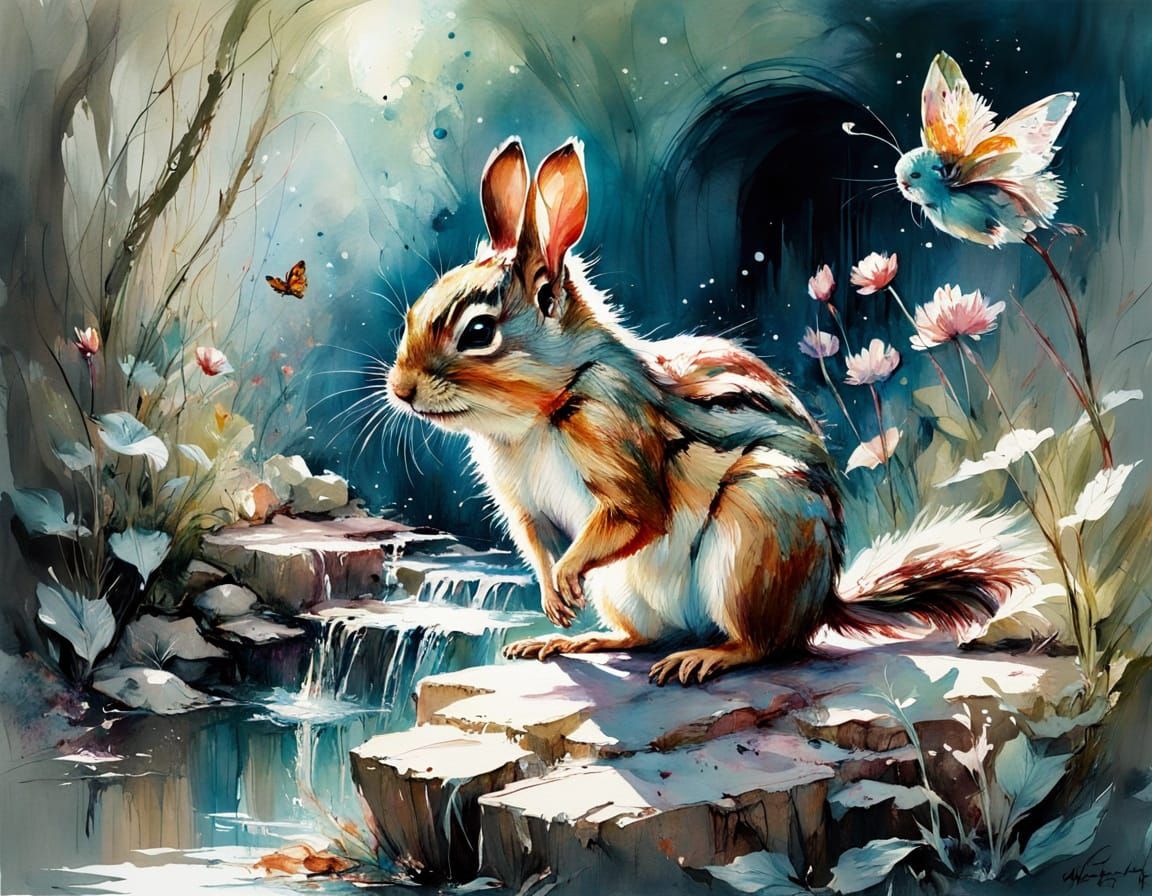 Whimsical Garden Scene with Chipmunks and Bunny
