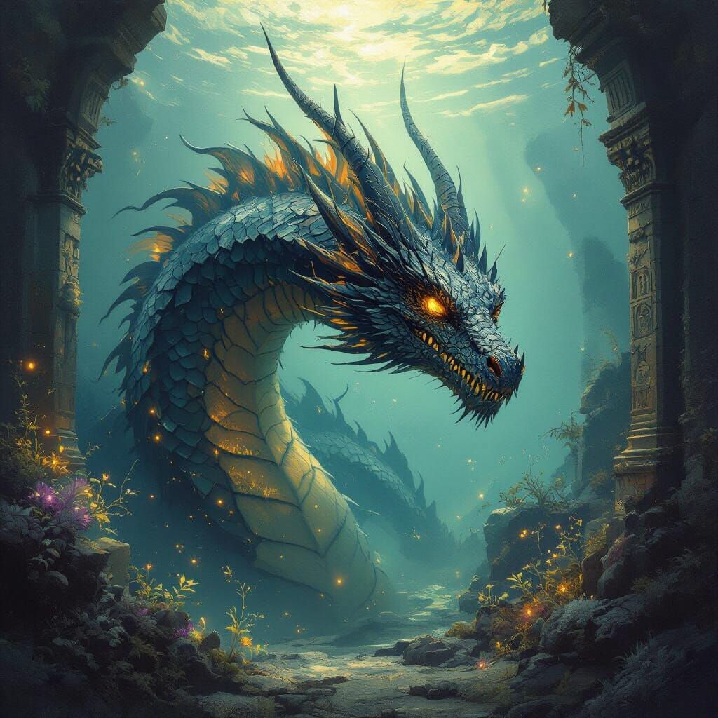 Colossal Sea Dragon Emerges, Impressionist Oil Painting