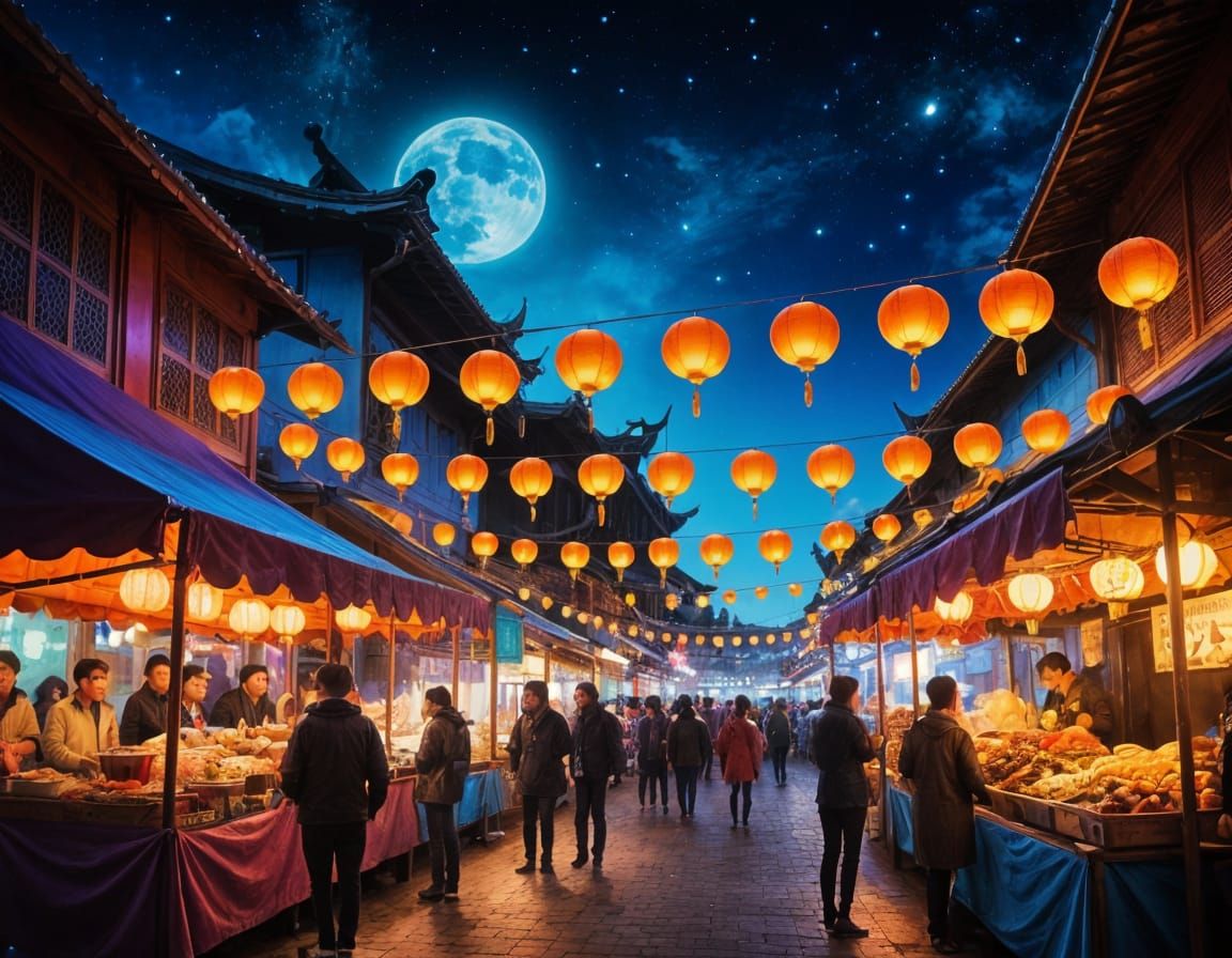 Whimsical Night Market Scene with Colorful Food Stalls