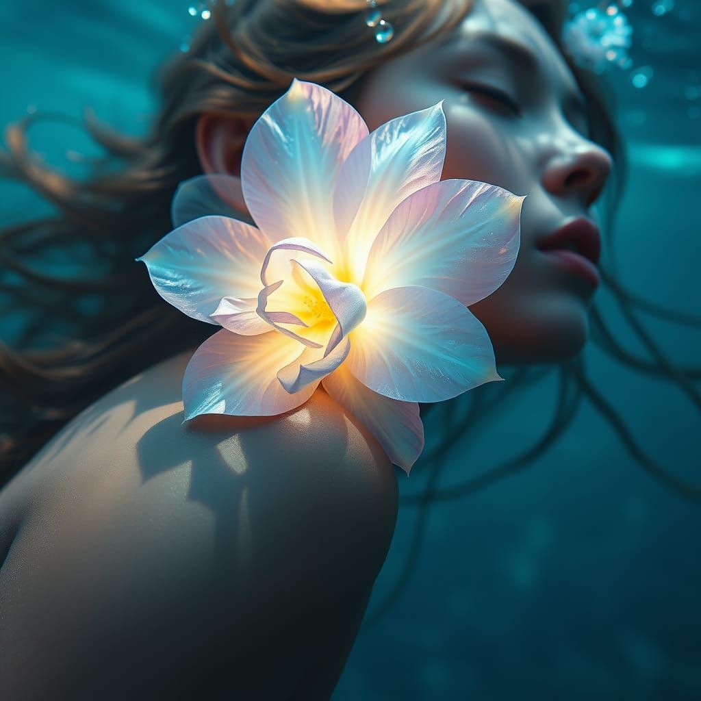 Luminous Flower Blooms on Underwater Goddess