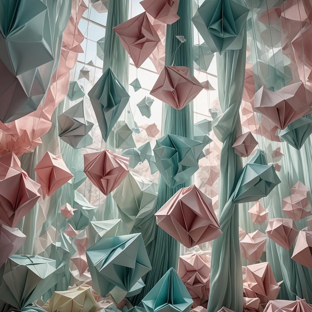 Crystalline Origami Curtain in Pastel Hues