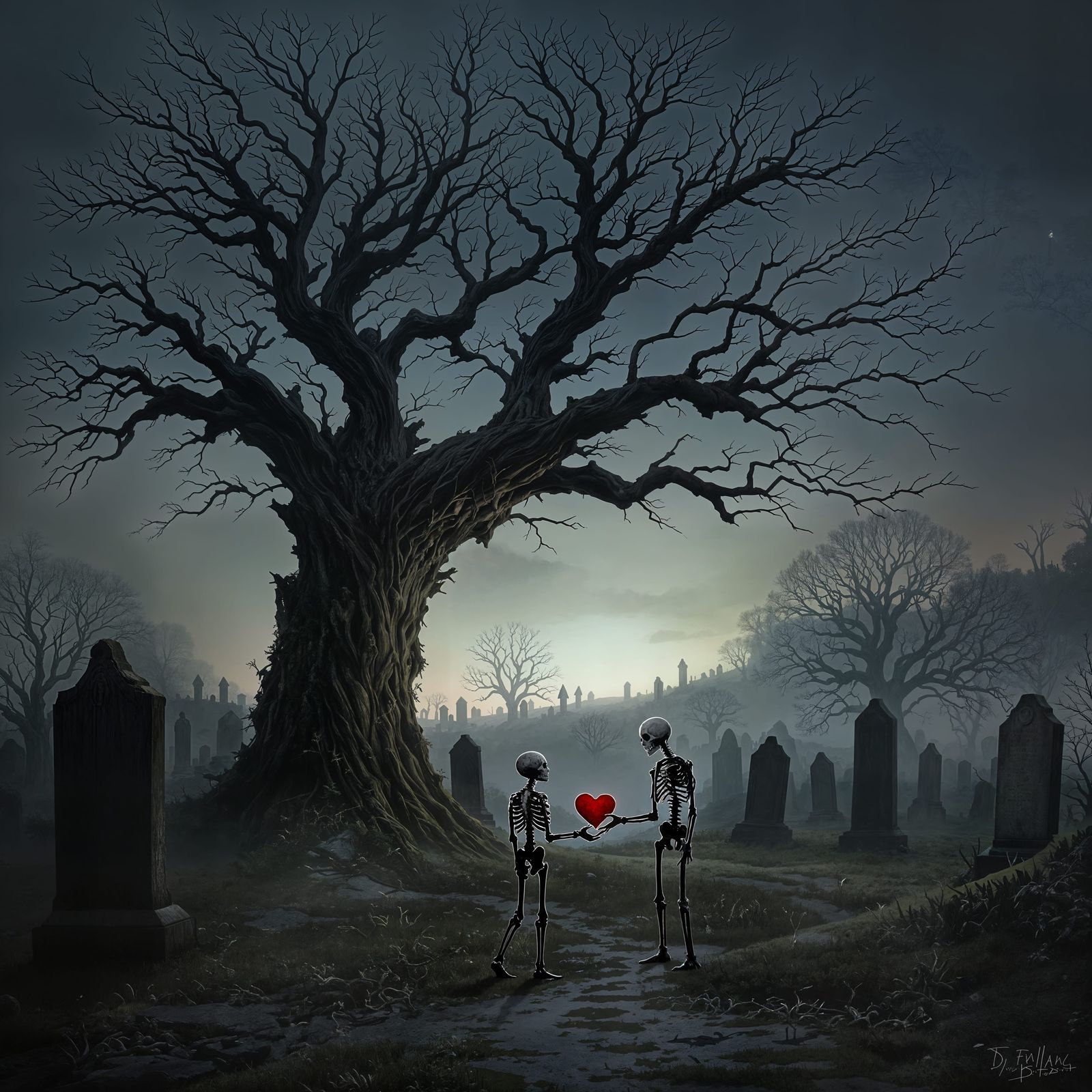 Ancient Oak in Misty Graveyard with Spectral Figures