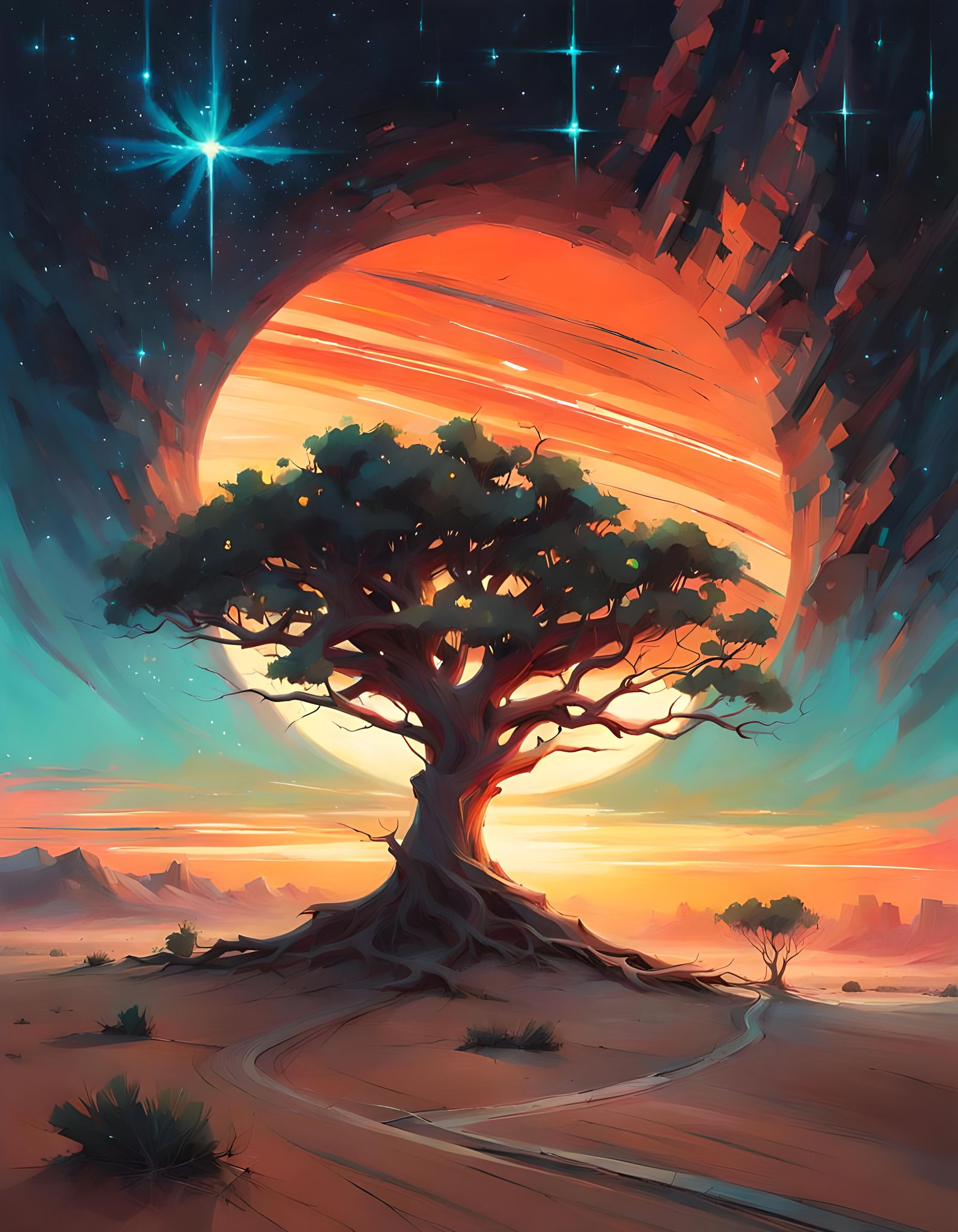 Boundless Desert Landscape with Saturn in Digital Art