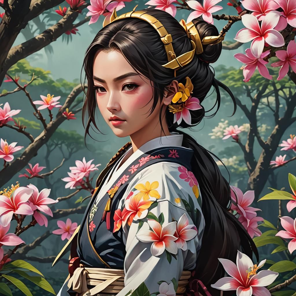 Plumeria on Beautiful Japanese Samurai in Anime Style