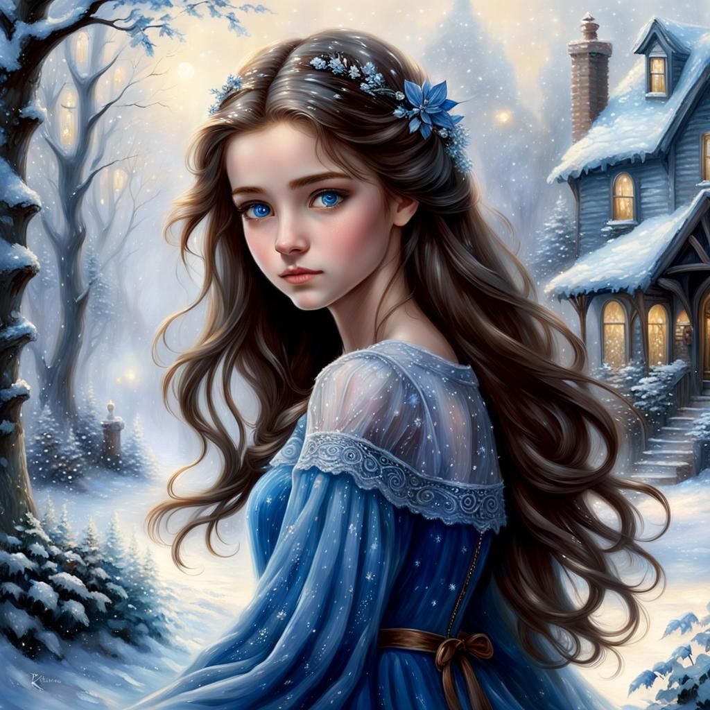Ethereal Winter Portrait of Lyanna in Kinkade Style