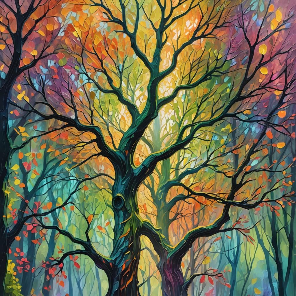 Glowing Tree in Ethereal Forest: Expressionist Impasto Art
