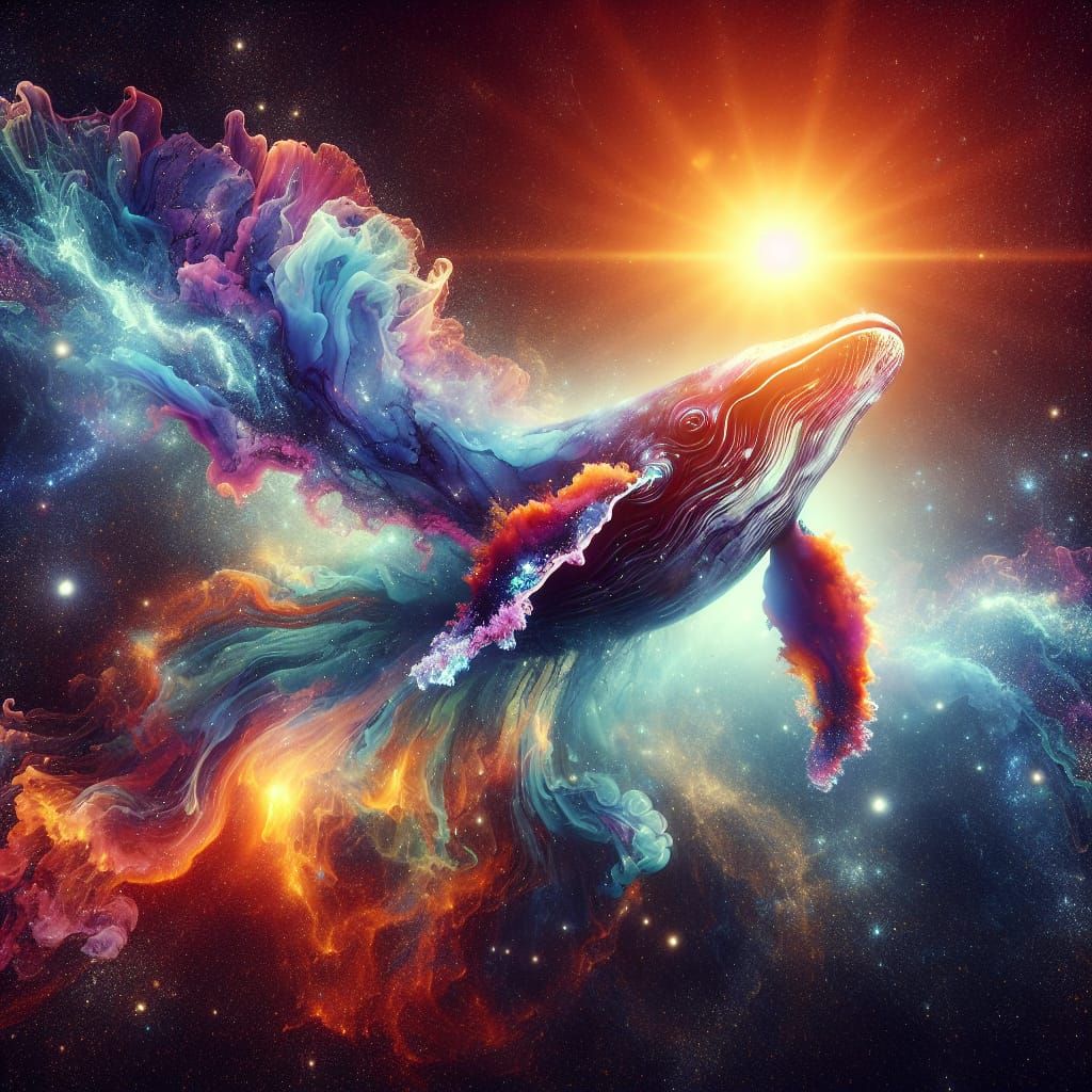 Otherworldly Alcohol Ink space whale diving through Solar Fl...