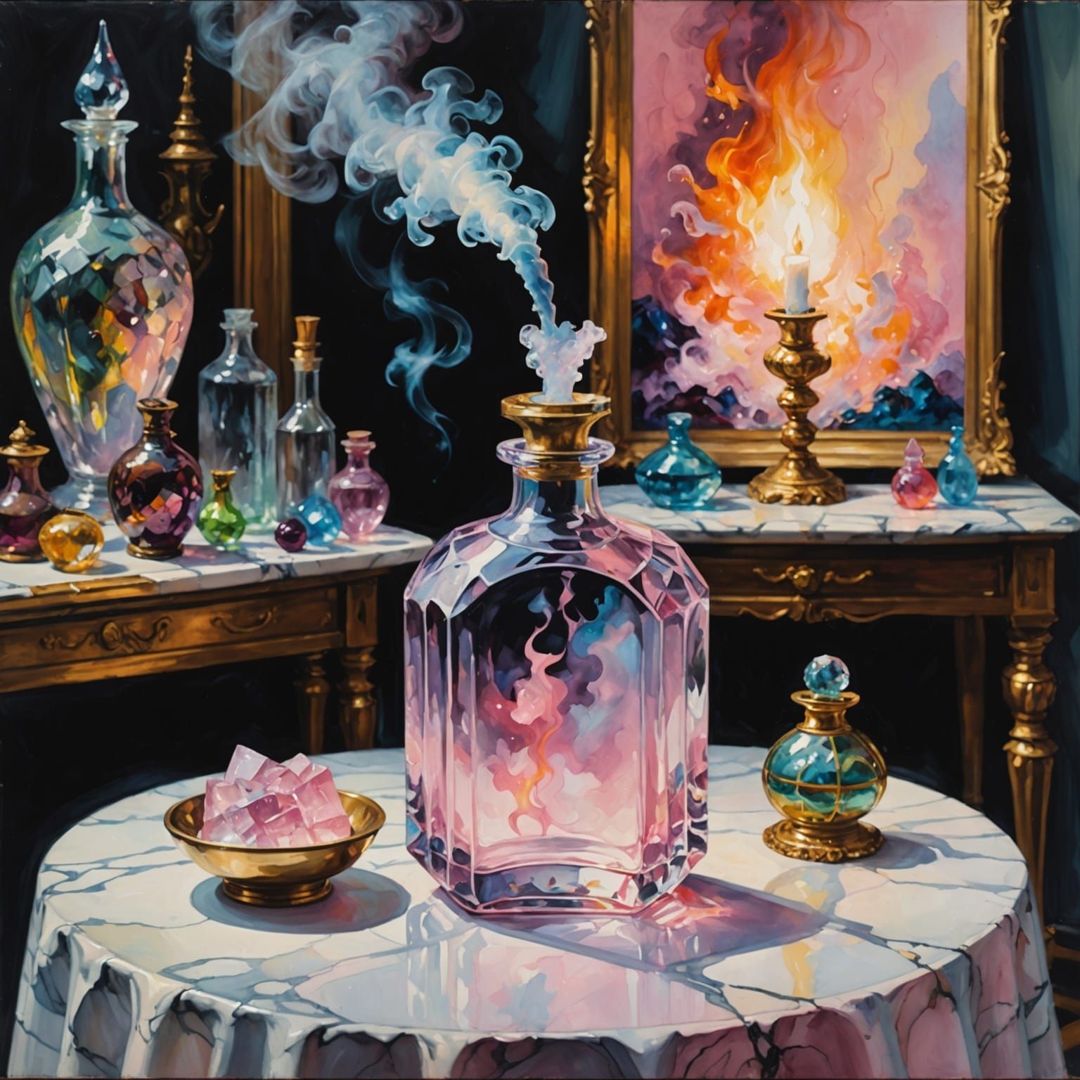 Crystal Bottle with Pink Fluid in Wizard's Lair Oil Painting