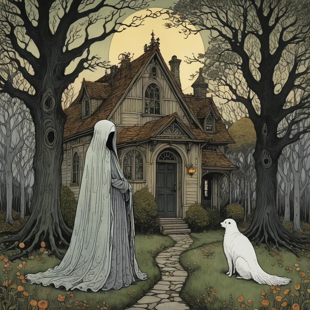 Mysterious Girl Meets Ghost in Haunting Gothic Scene