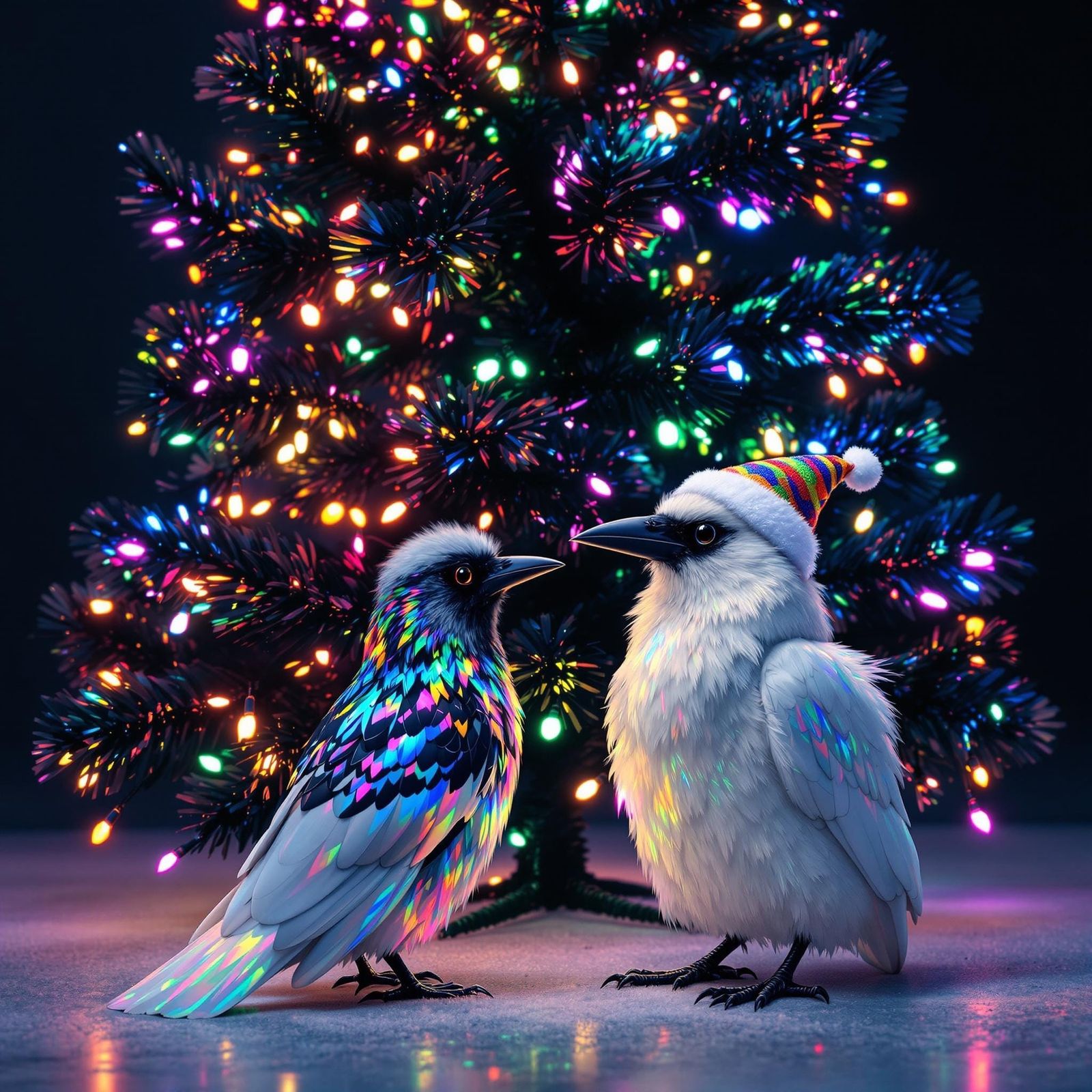 Whimsical Christmas Raven in Rainbow Santa Hat