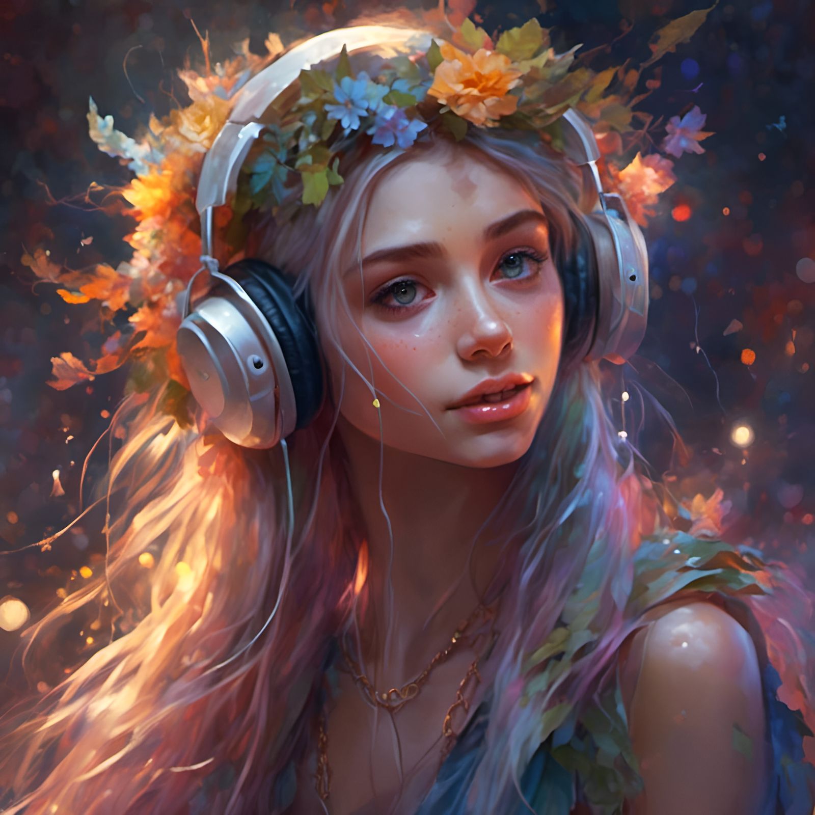 Beautiful Half-Elf Girl Listens to Music