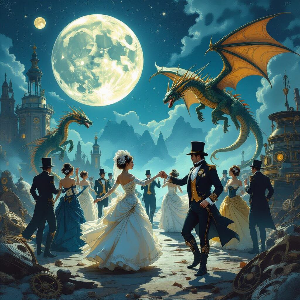 Steampunk Victorians Dancing with Dragons in Moonlight