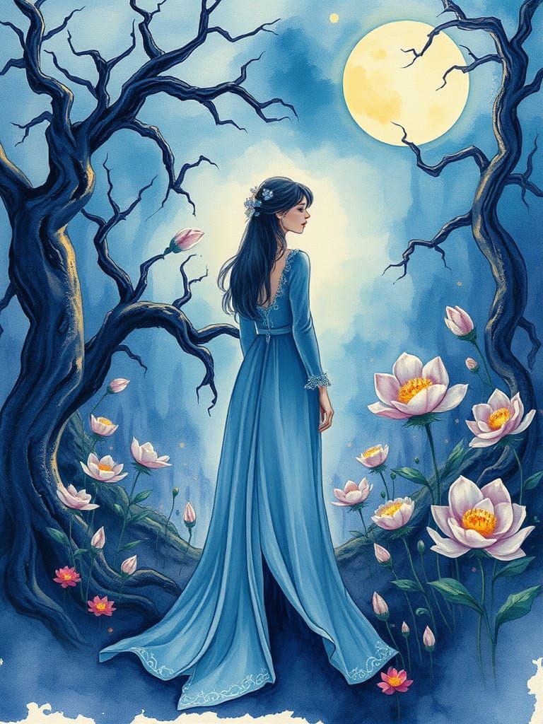 Mystical Moonlit Garden Scene in Dreamlike Watercolors