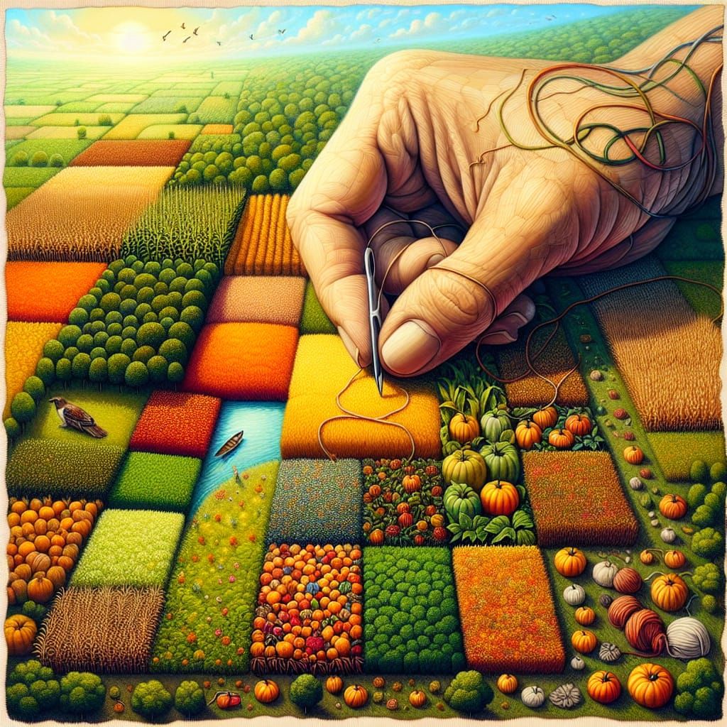 Giant Hand Sewing a Nature Quilt