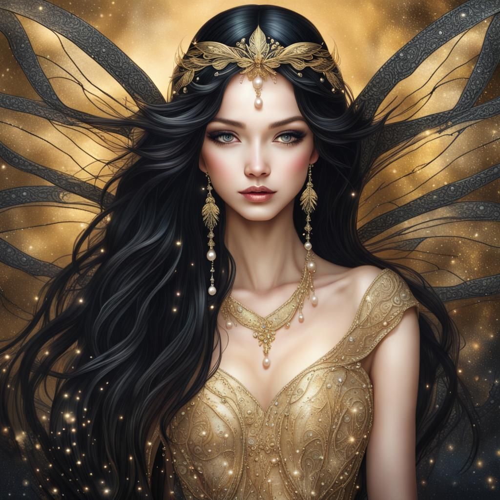 Ethereal Fairy with Golden Dress and Glass Wings