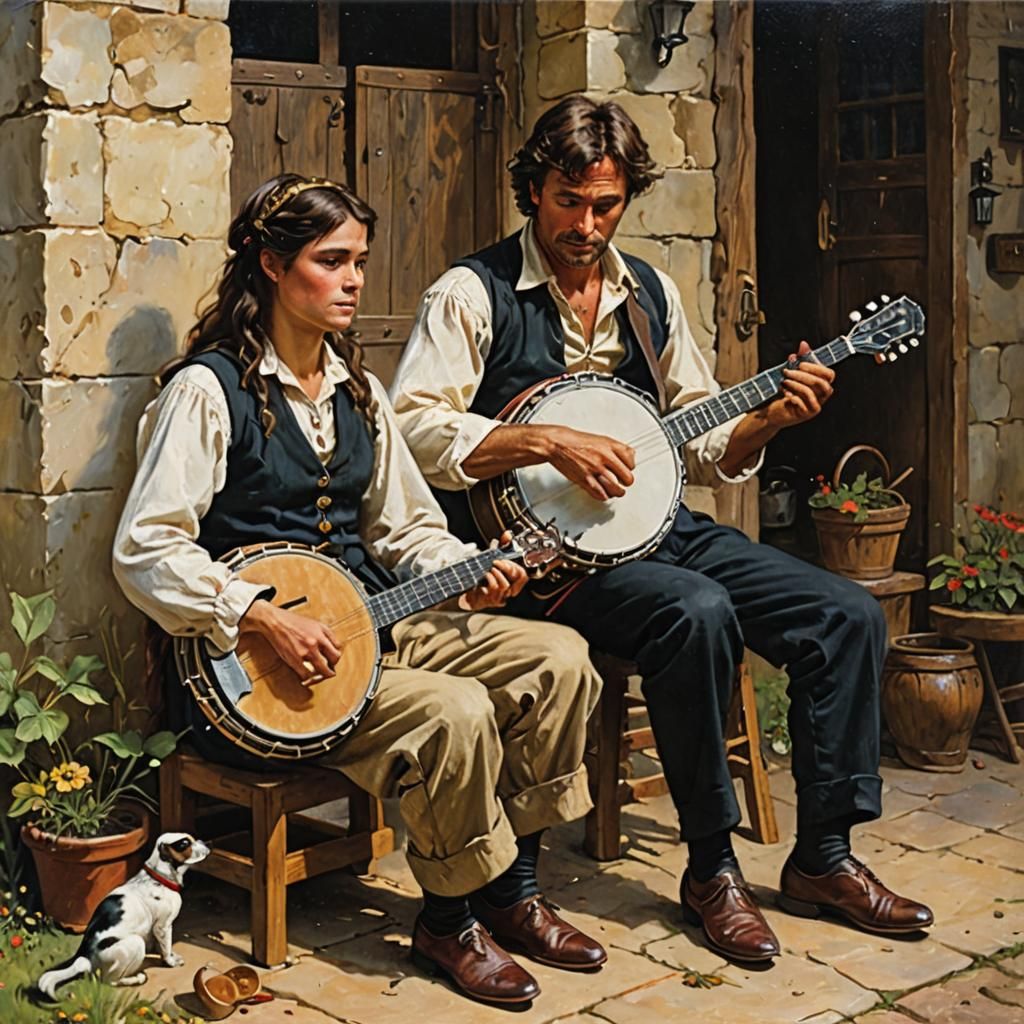 Romeo and Juliet Play Banjos as Oil Painting
