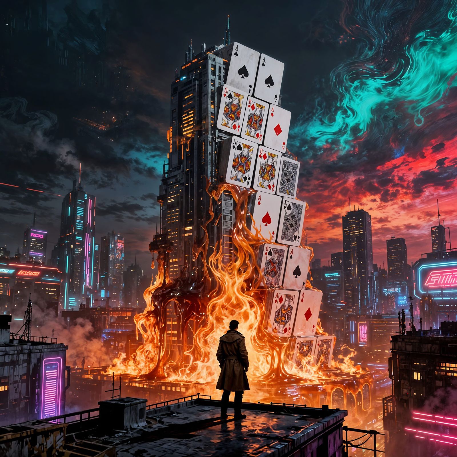 Cyberpunk Fire Tower in Liquid Cityscape