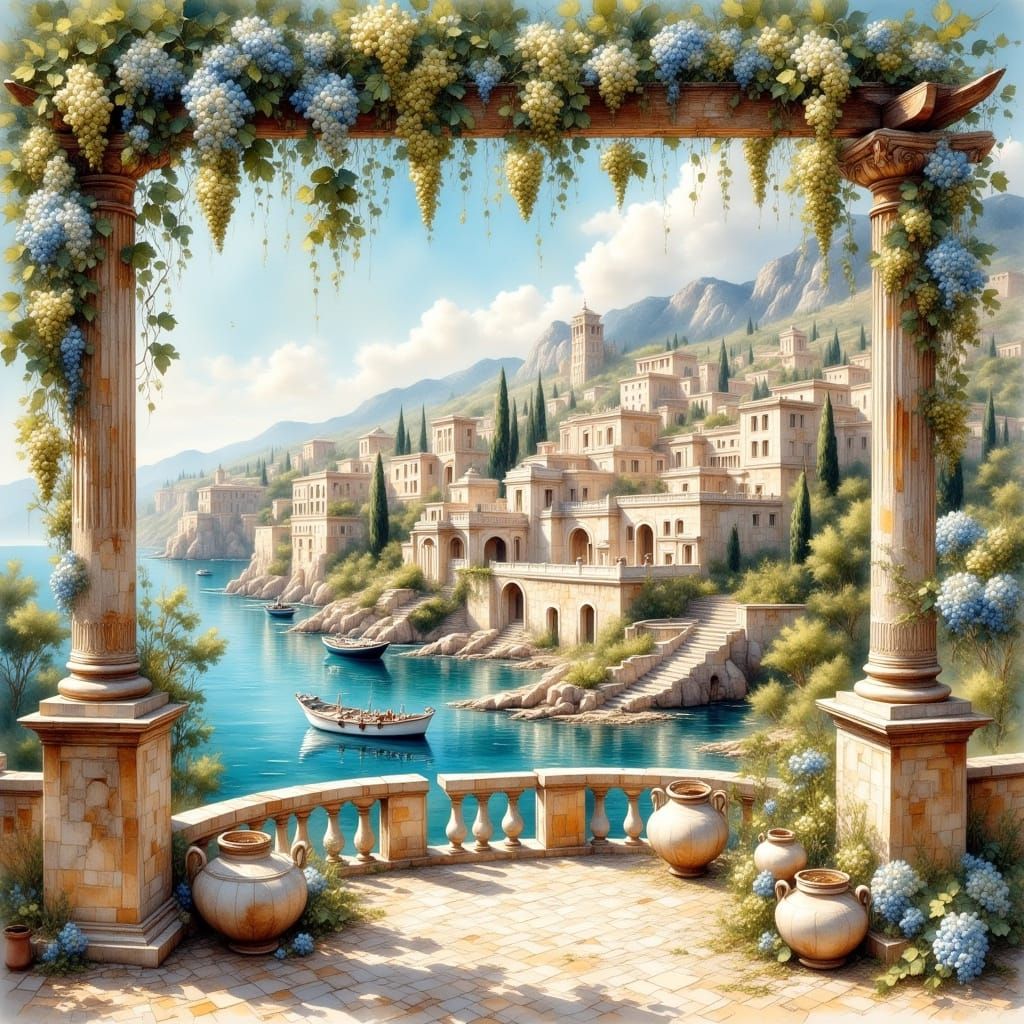 Mythical Greek City in Antique Watercolor Style