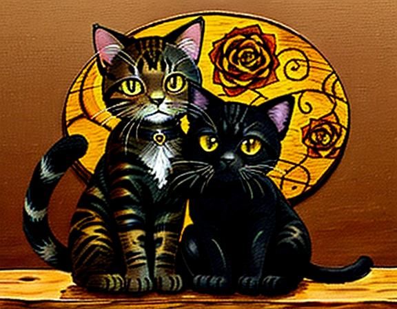 Black Cat and Tabby Kitten Cuddling: Pyrography Line Art