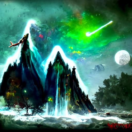 Cosmic Mountain Landscape with Waterfalls and Wolves